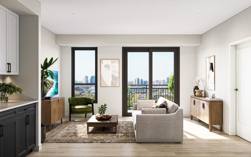 a living room with a large glass door