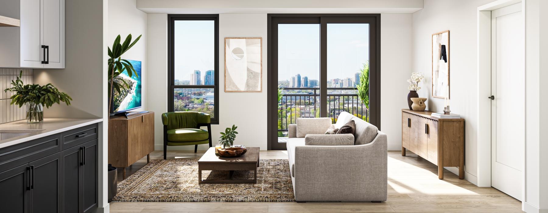 a living room with a large glass door