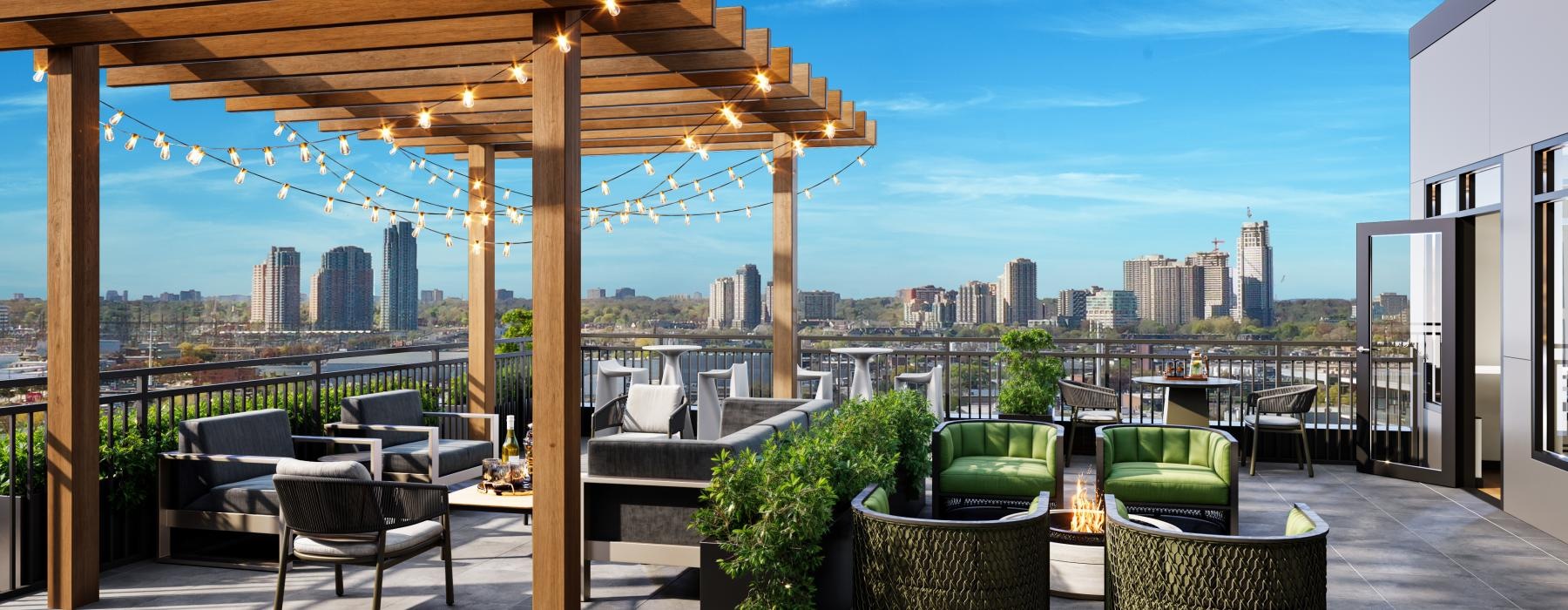 a patio with chairs and tables and a view of a city