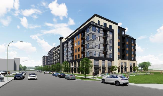 a building with cars parked in front