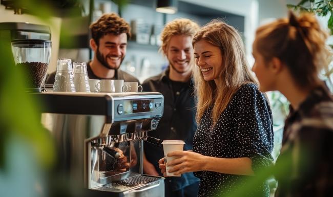 a group of people standing around a coffee machine