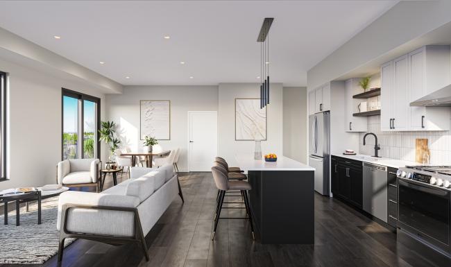 a kitchen with a couch and a table
